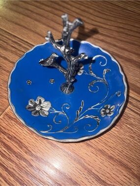 Cynthia Rowley Blue Enamel Jewelry Dish with Silver Floral Tree Ring Holder